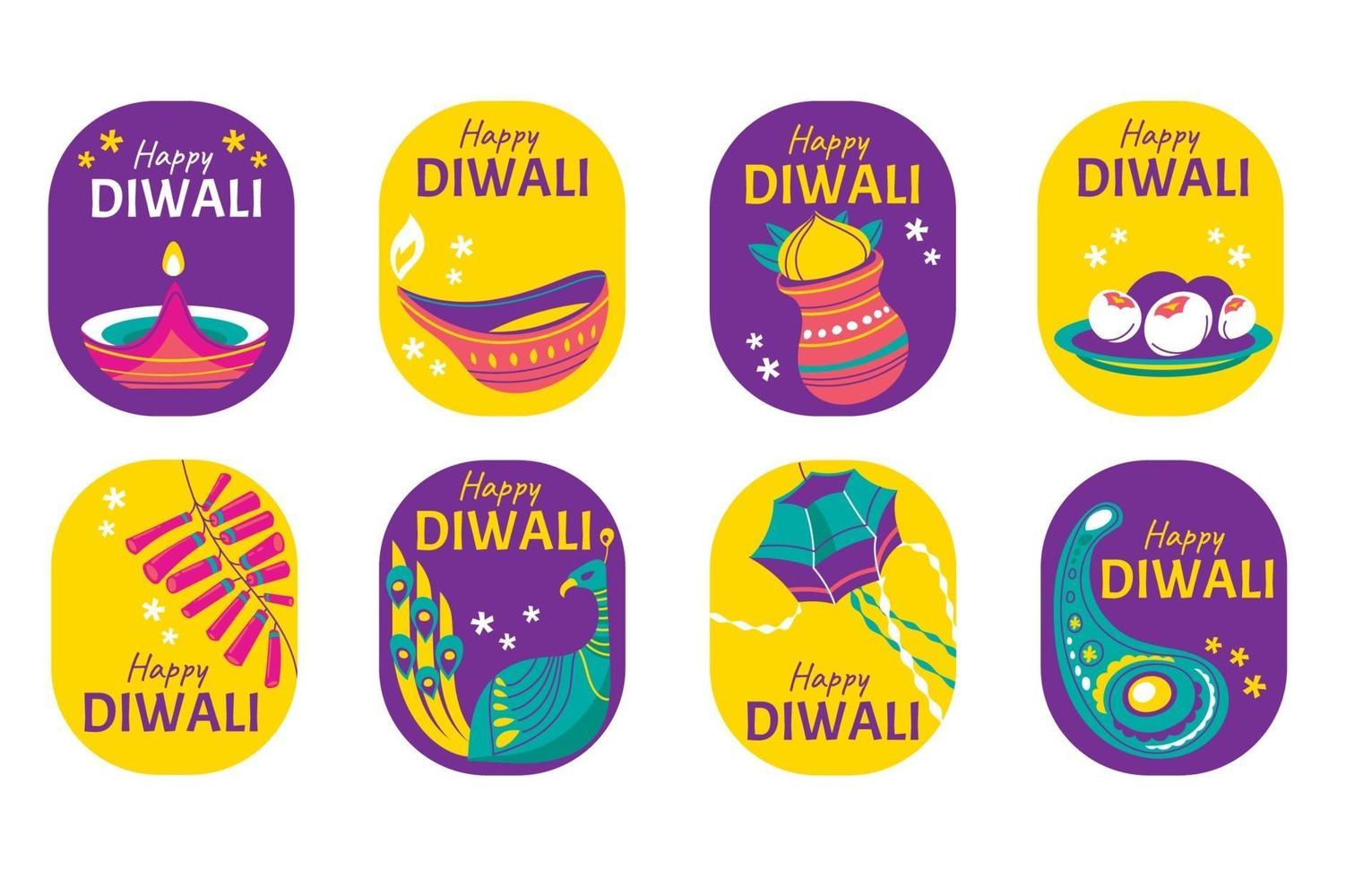 conjunto de colección de pegatinas de feliz diwali vector