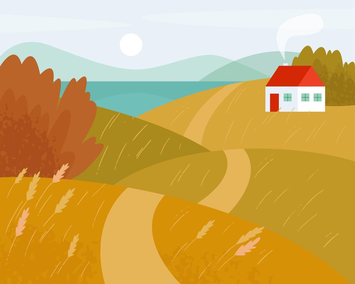 Fall landscape with road and white house. Autumn fields. vector