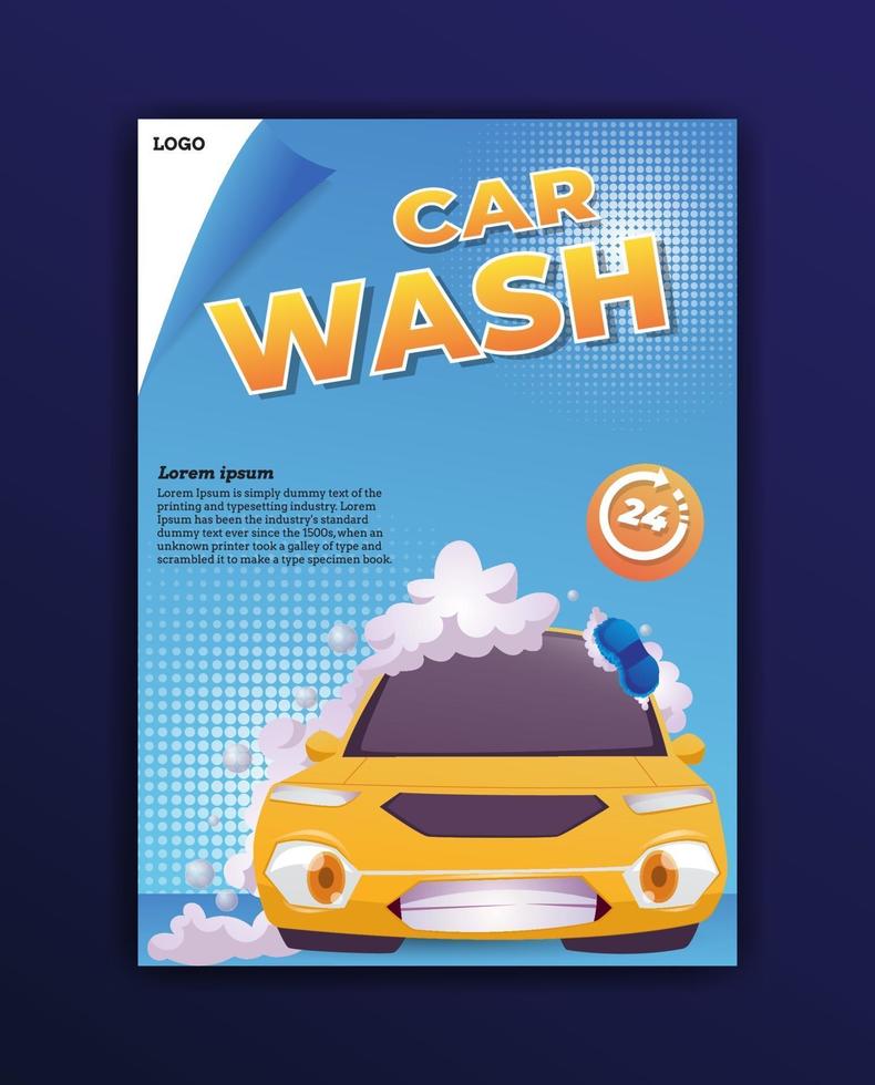 car wash poster with full foam car cartoon illustration vector