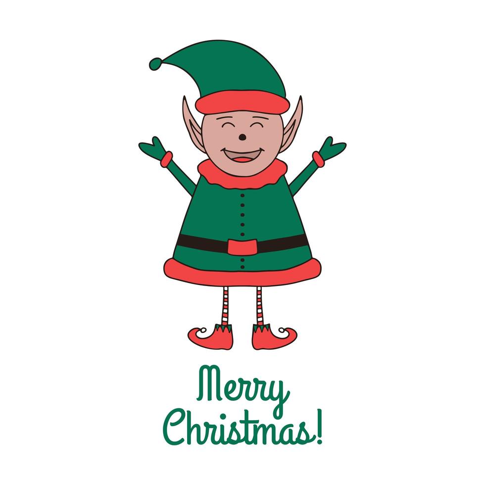 tarjeta de felicitación de Navidad con duende lindo sobre fondo blanco. vector