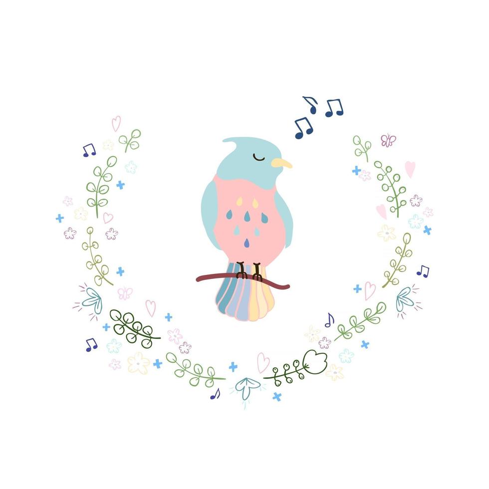 Colorful illustration of cute bird and wreath vector