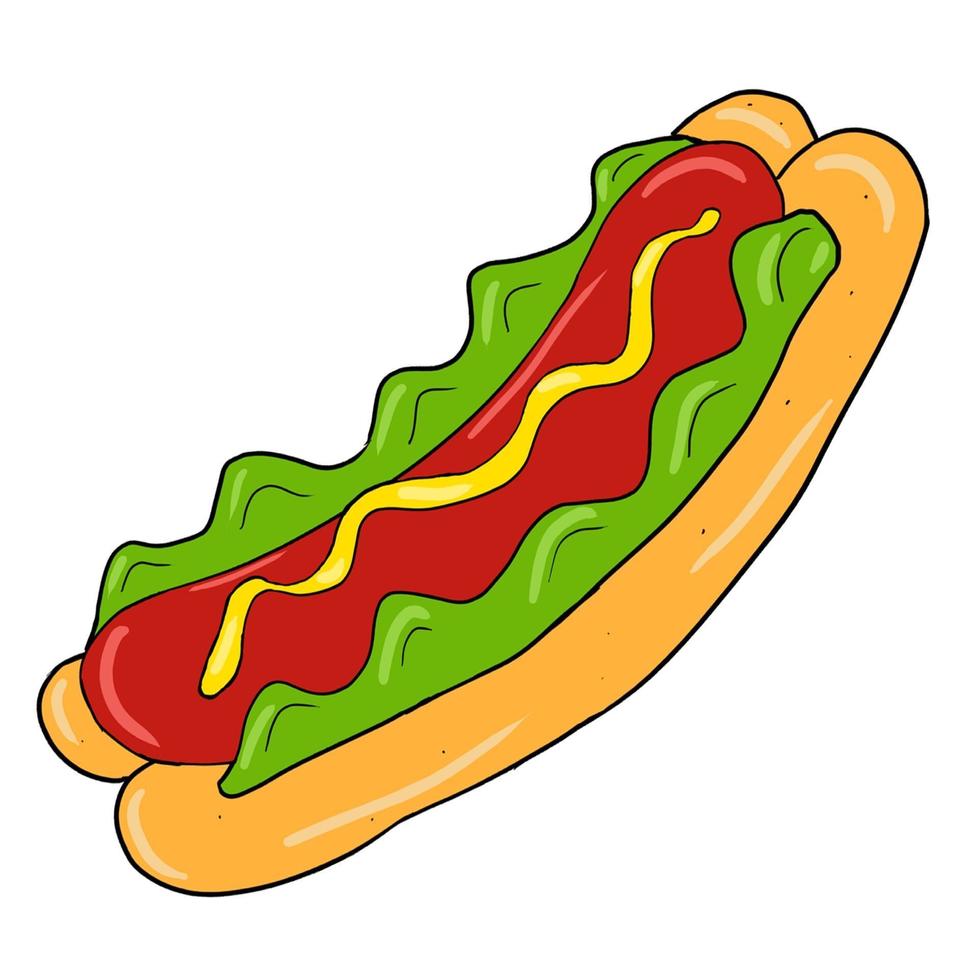 Colored hand drawn hot dog sandwich vector illustration