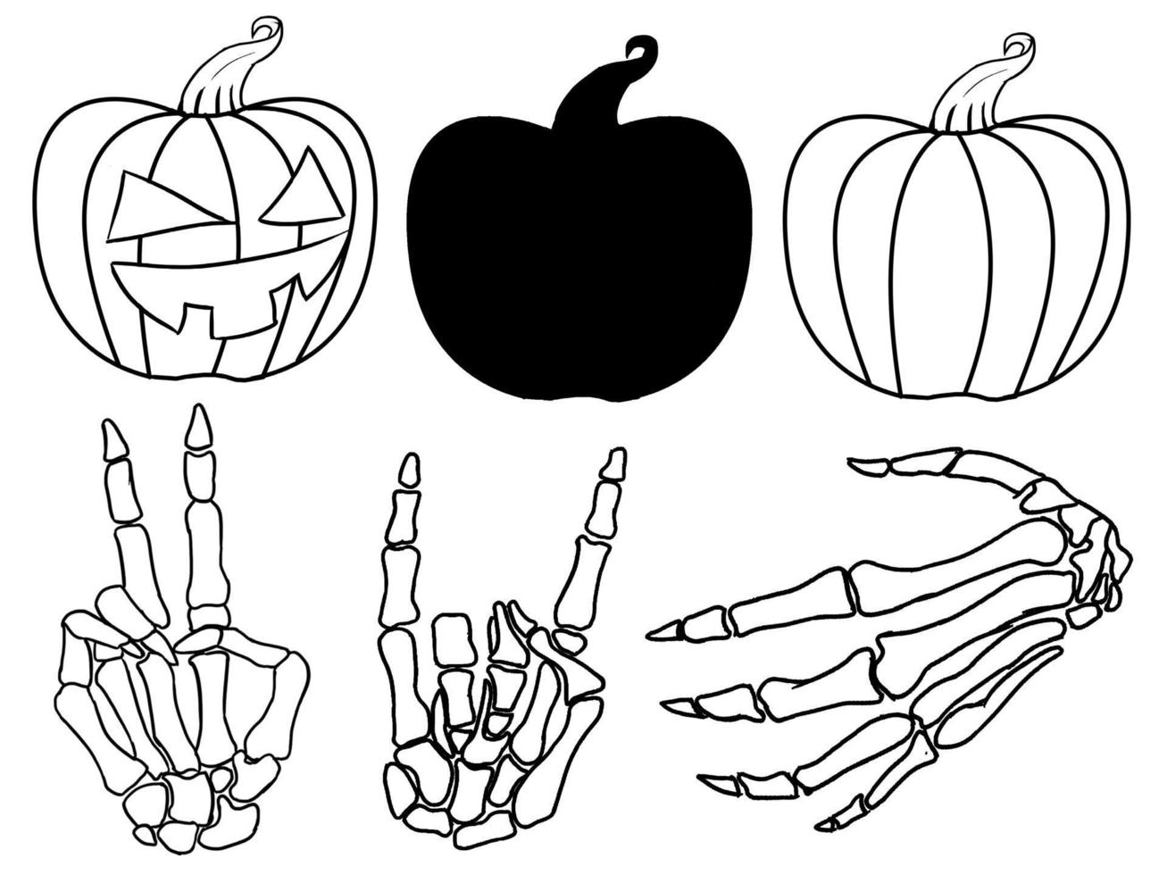 Dibujado a mano divertidas manos de esqueleto con una ilustración de vector de calabaza