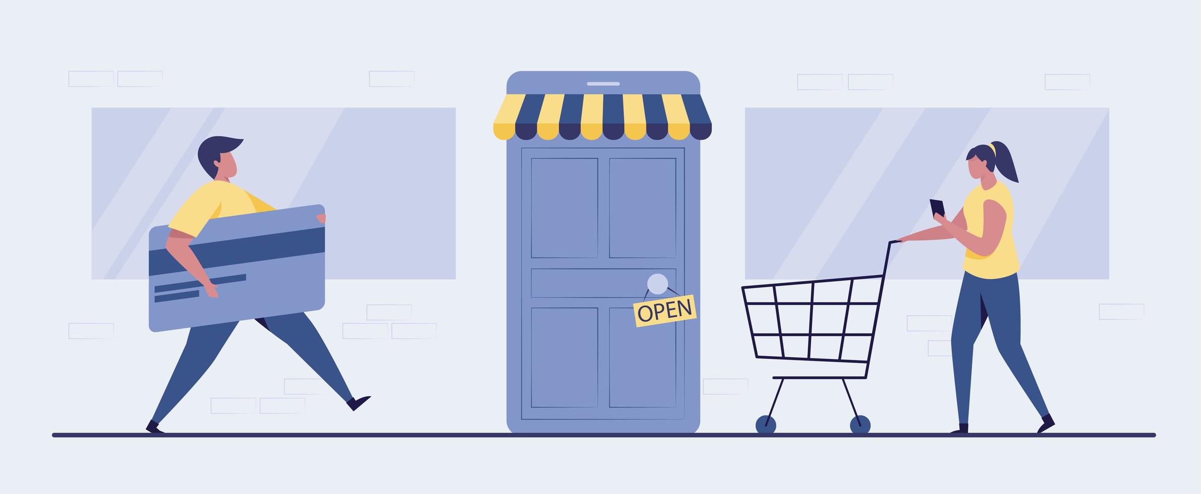 Open the door to online shopping illustration vector