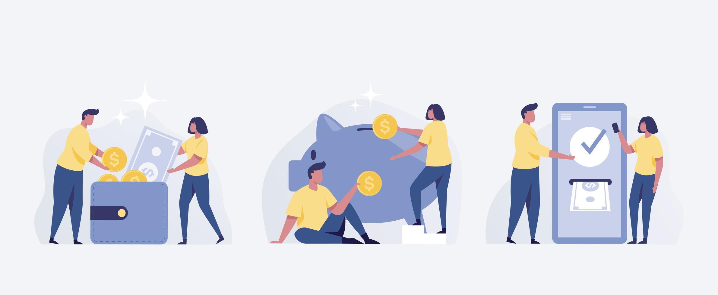 Save money people concept. Saving dollar coin pig and Mobile Banking. vector