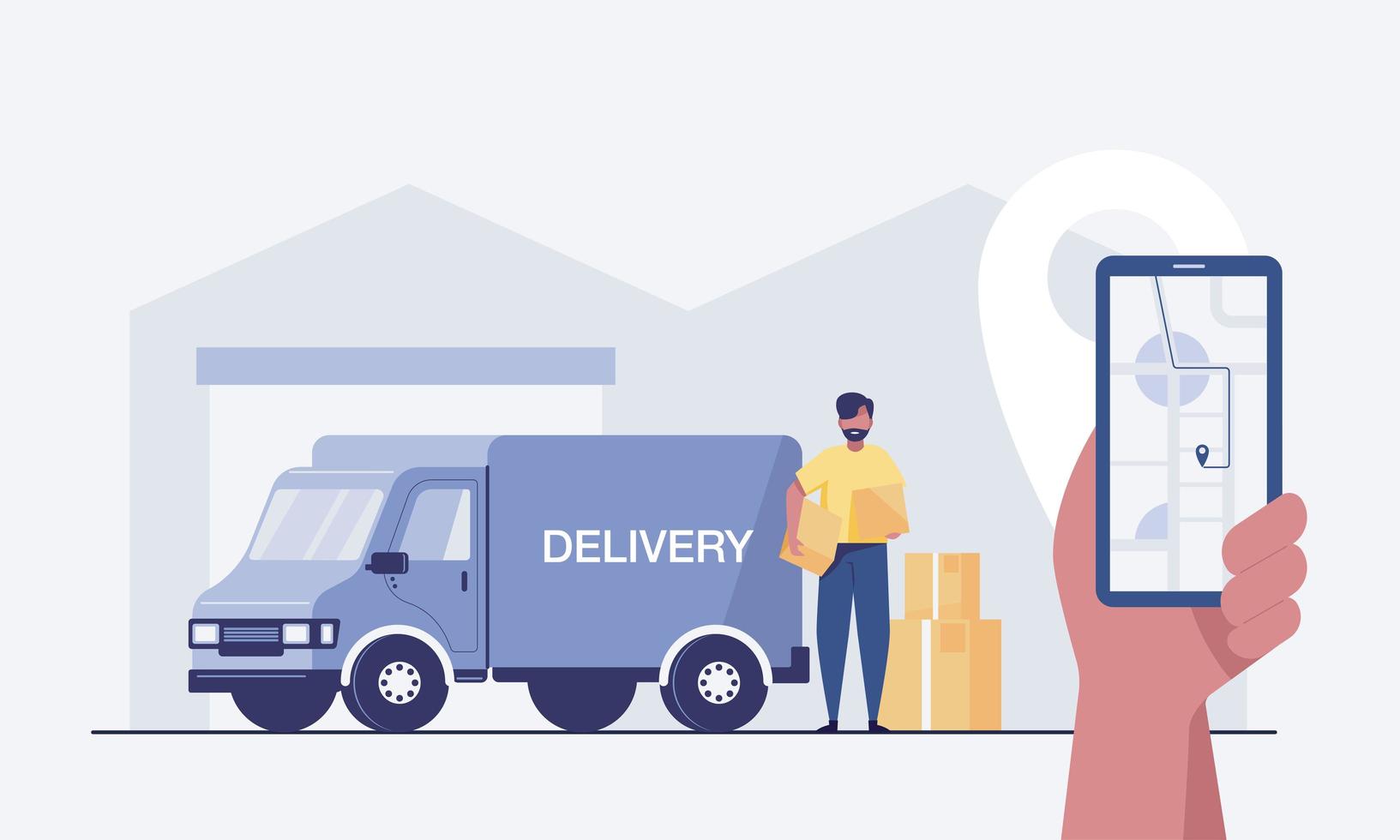 Hand holding smartphone with delivery  truck . vector illustration