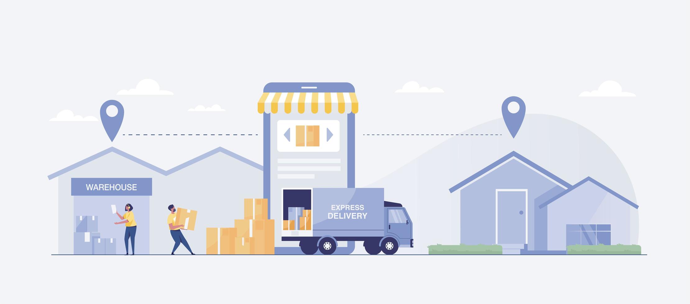 entrega rapida de tienda a casa con camion. ilustración vectorial vector