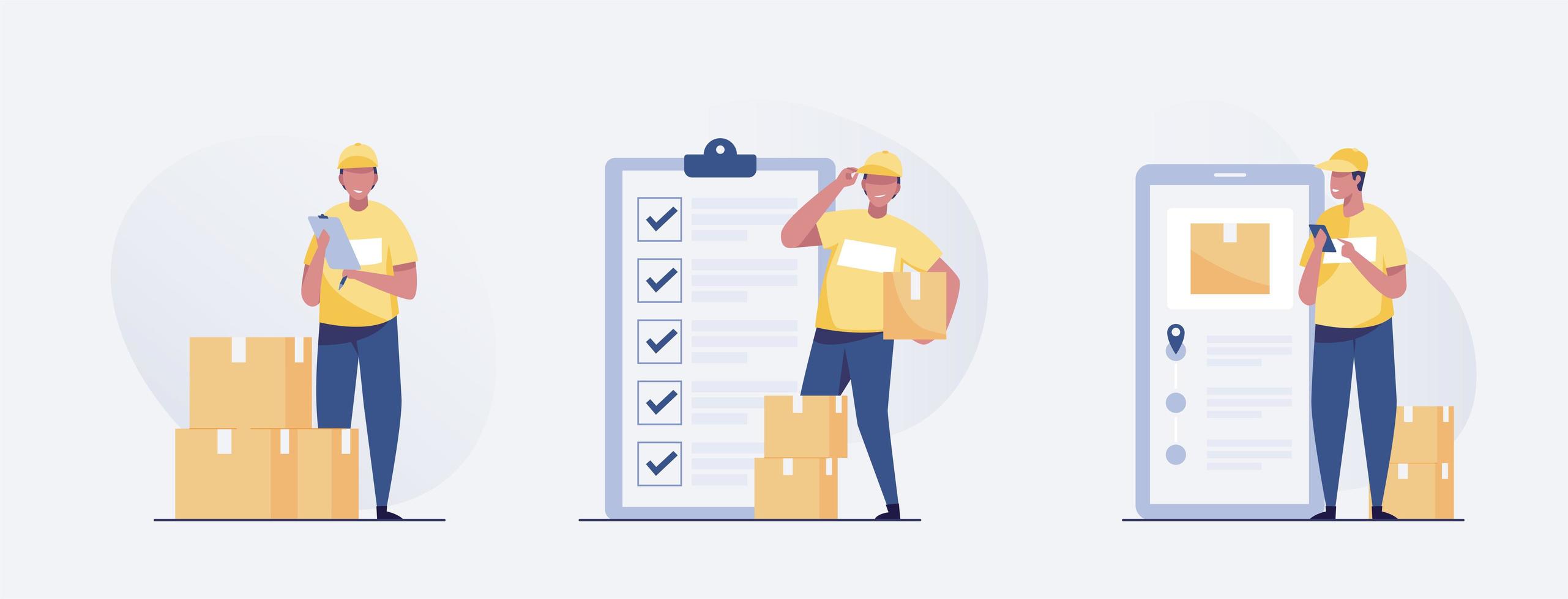 delivery man standing with parcel box and list of parcels. vector