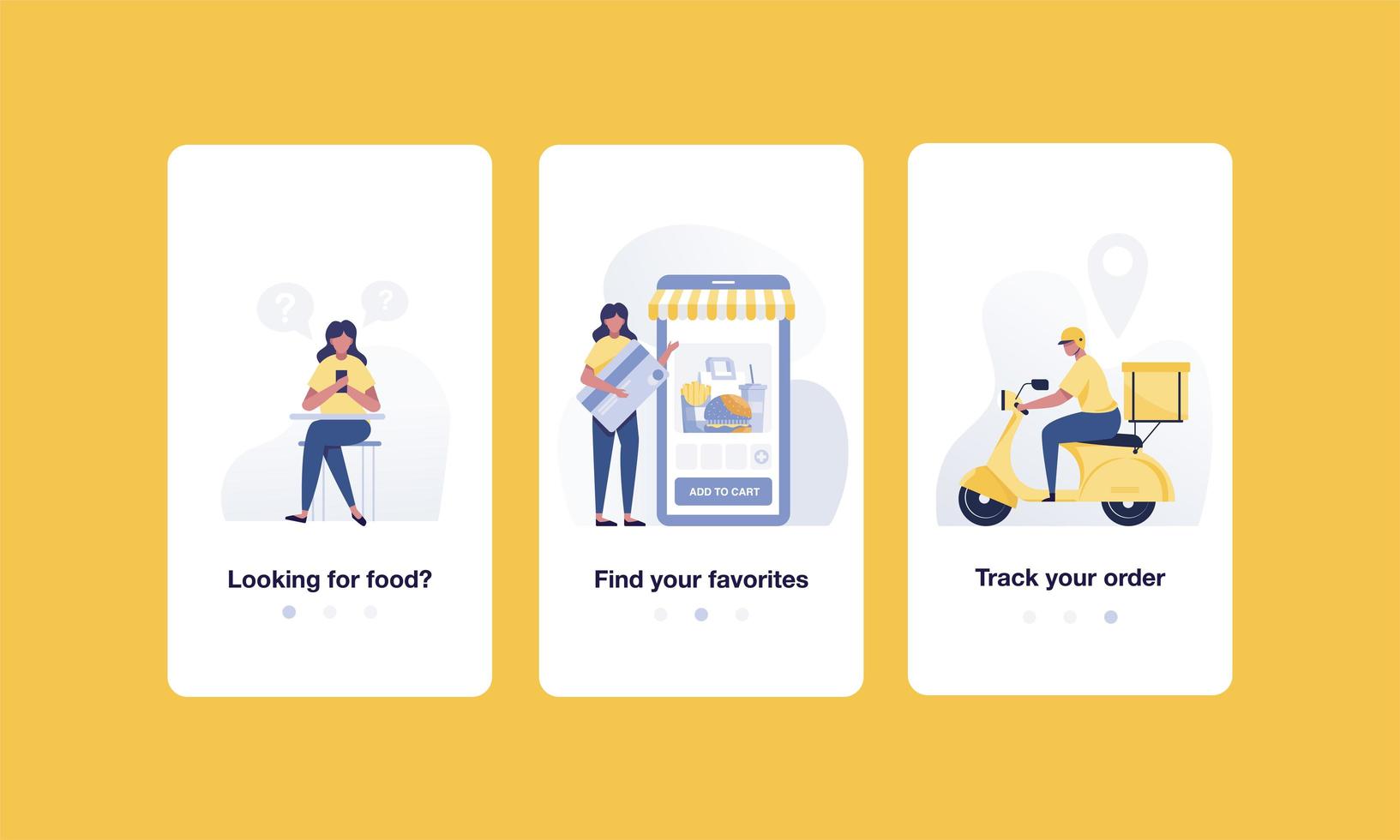 Order online food onboarding mobile app screens. vector