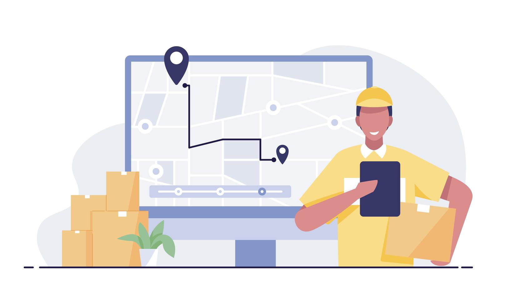 Delivery man carrying parcels to GPS map laptop screen background. vector