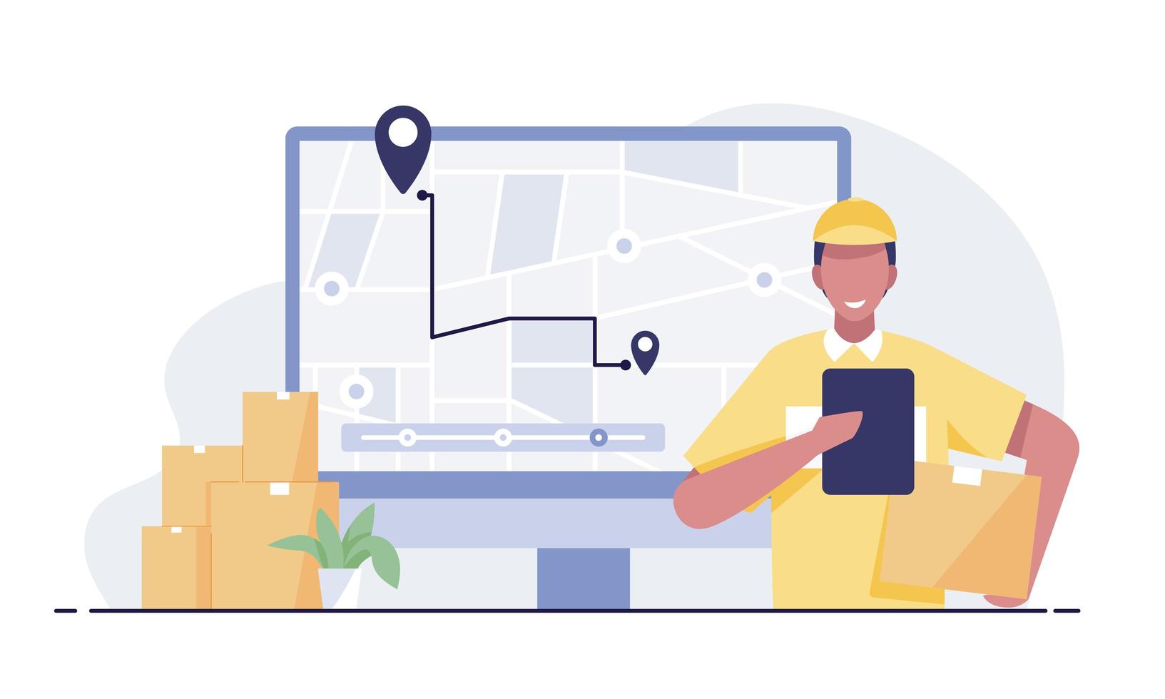 repartidor que lleva paquetes al fondo de la pantalla del ordenador portátil del mapa de gps. vector