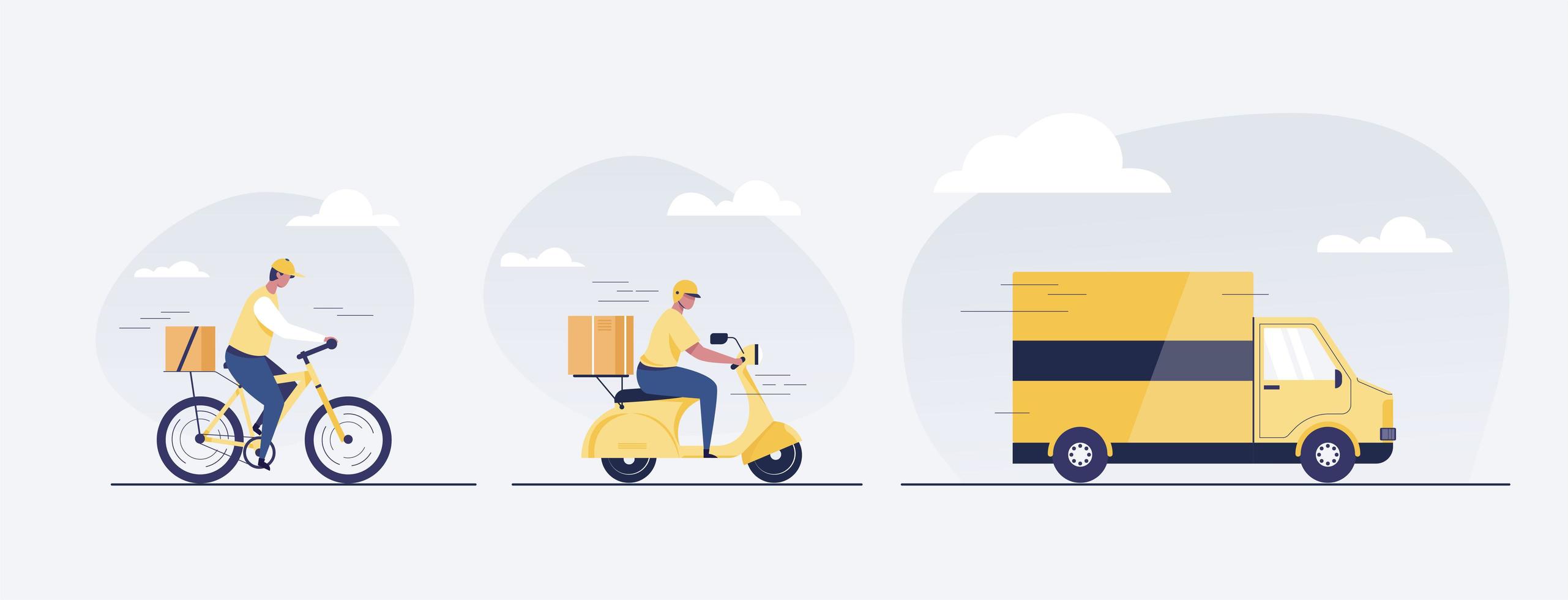 Online delivery service concept. Delivery man, truck, scooter. vector