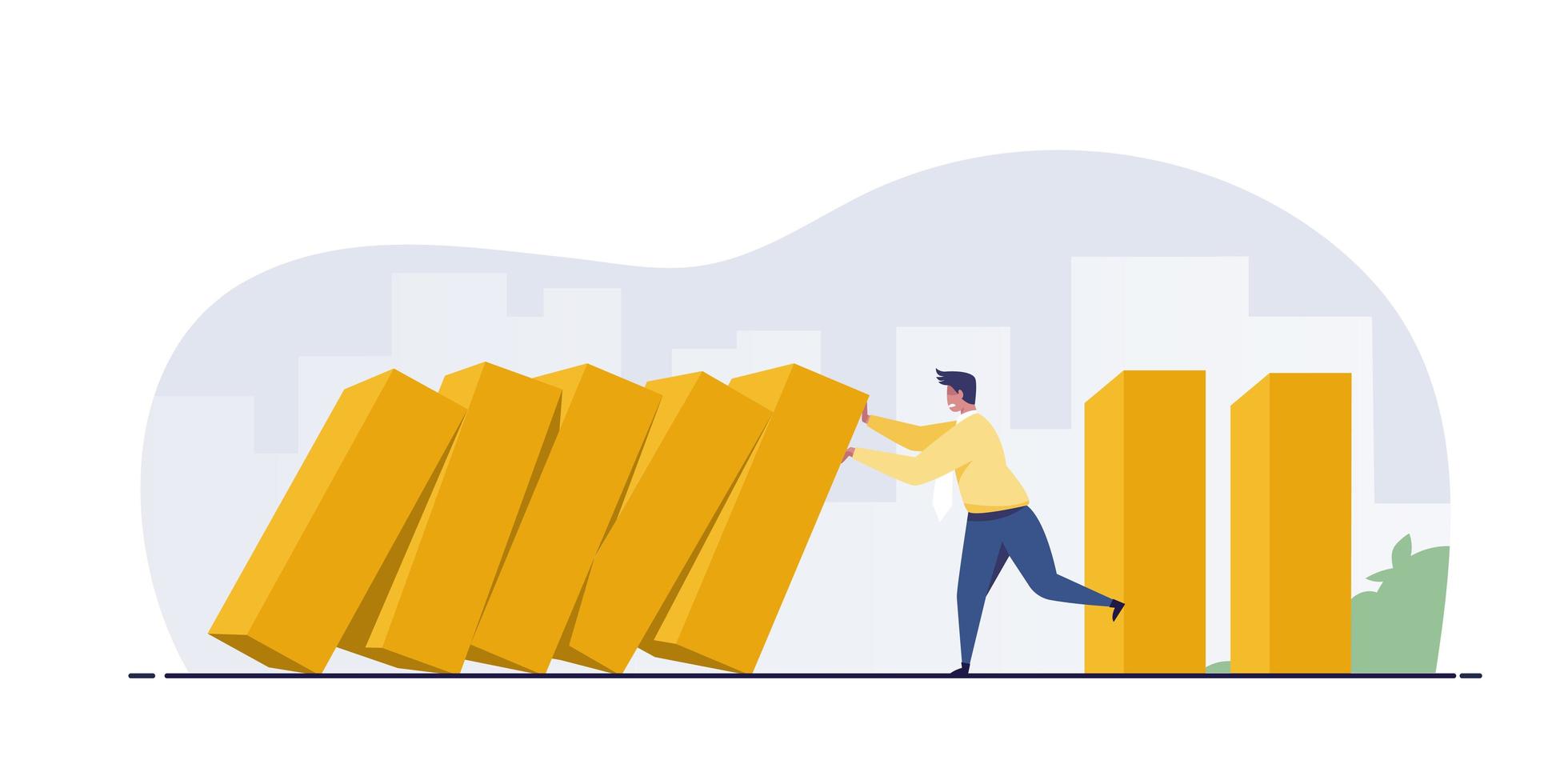 Businessman stopping falling domino effect. vector