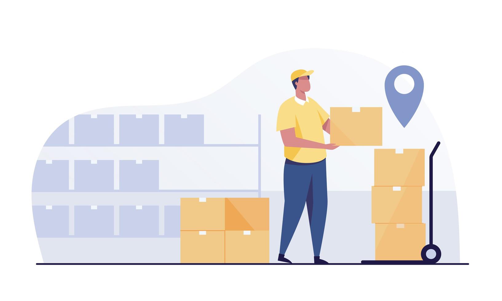 Warehouse worker store with Boxes On Rack. vector