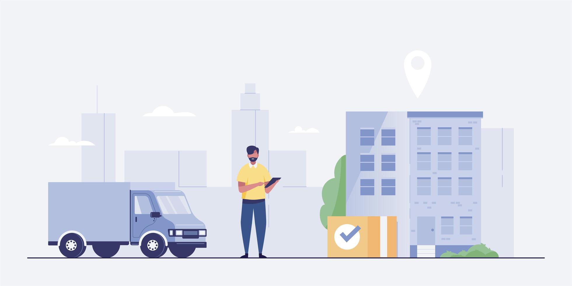 Delivery Truck and Man with Boxes. Mobile app tracking. vector