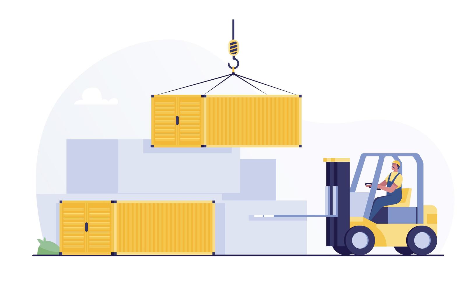 Forklift raising a freight container into storage vector