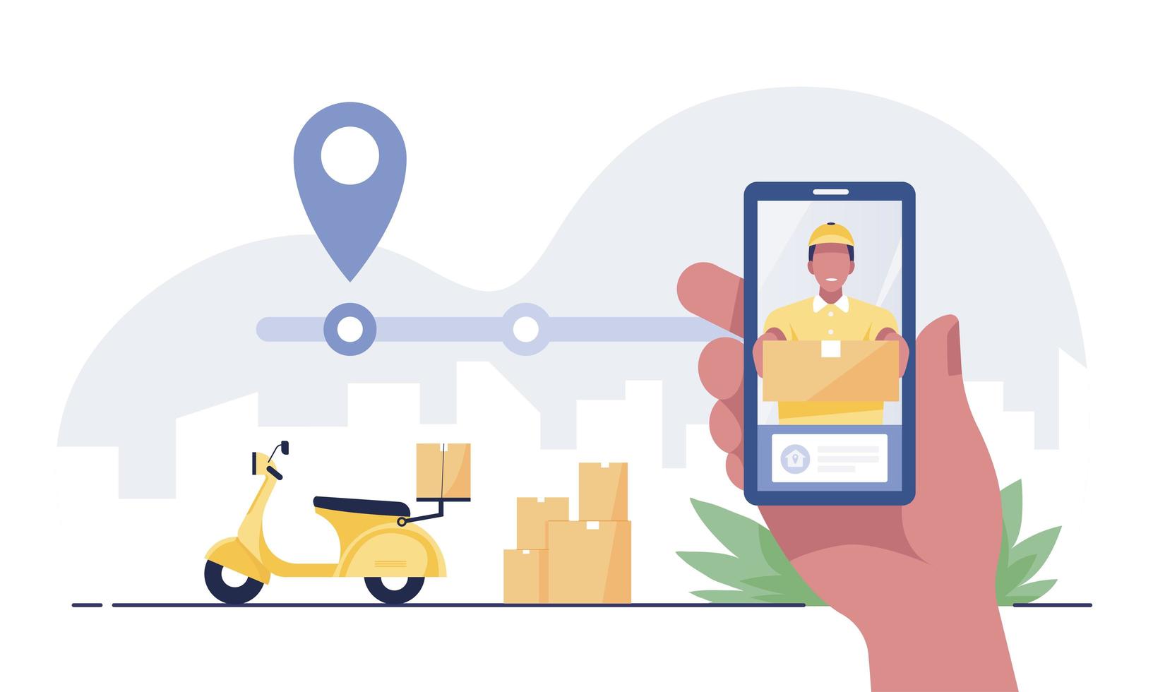 Hand holding mobile application tracking a delivery man. vector