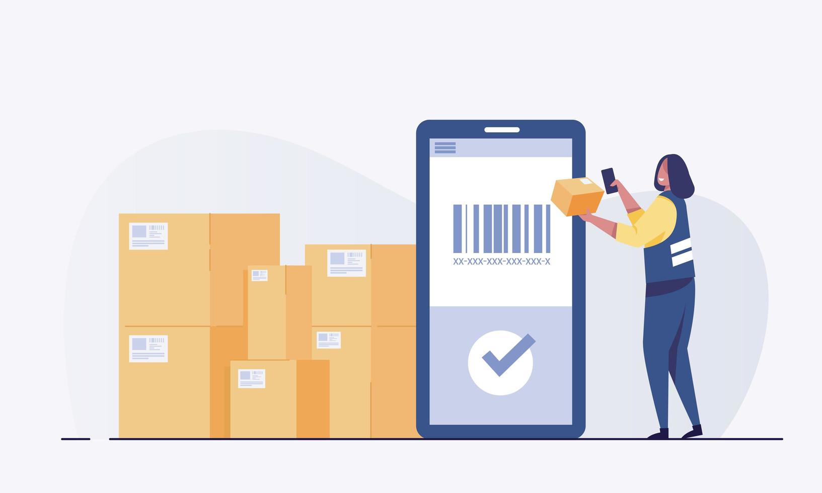 Warehouse worker scanning barcode on box with smartphone. vector