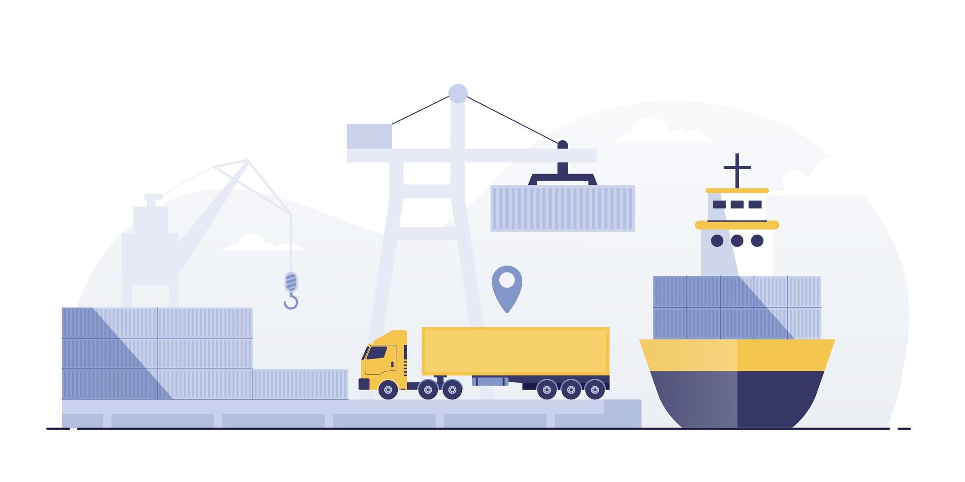 Ports with cargo ships and containers work with crane. vector