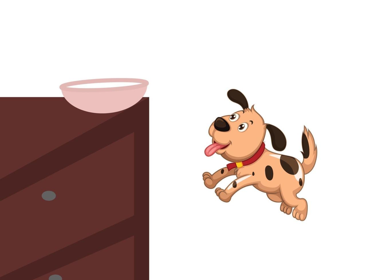 un cachorro intenta comer su comida saltando. vector