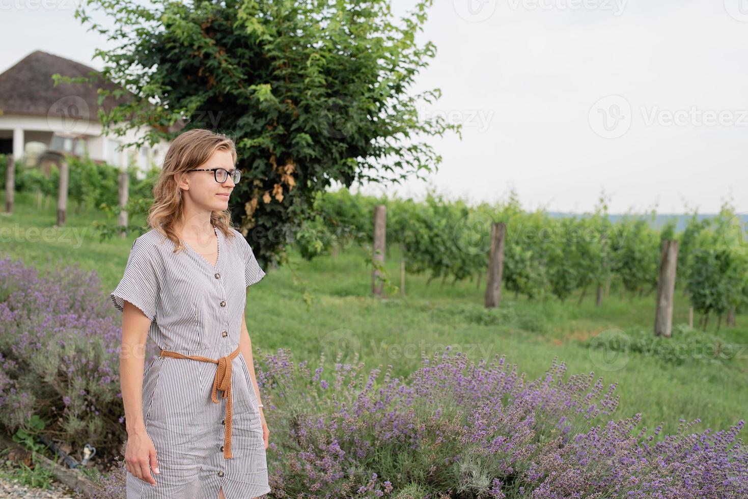 Woman walking by the lavender field photo