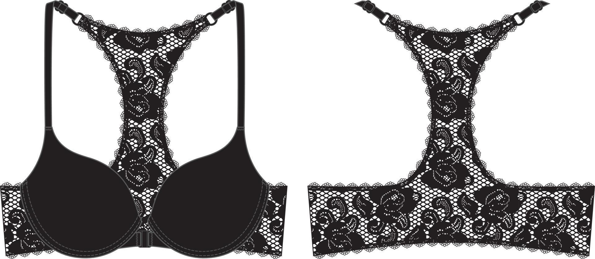 Lace Back Bra technical illustration. Editable lingerie flat sketch vector