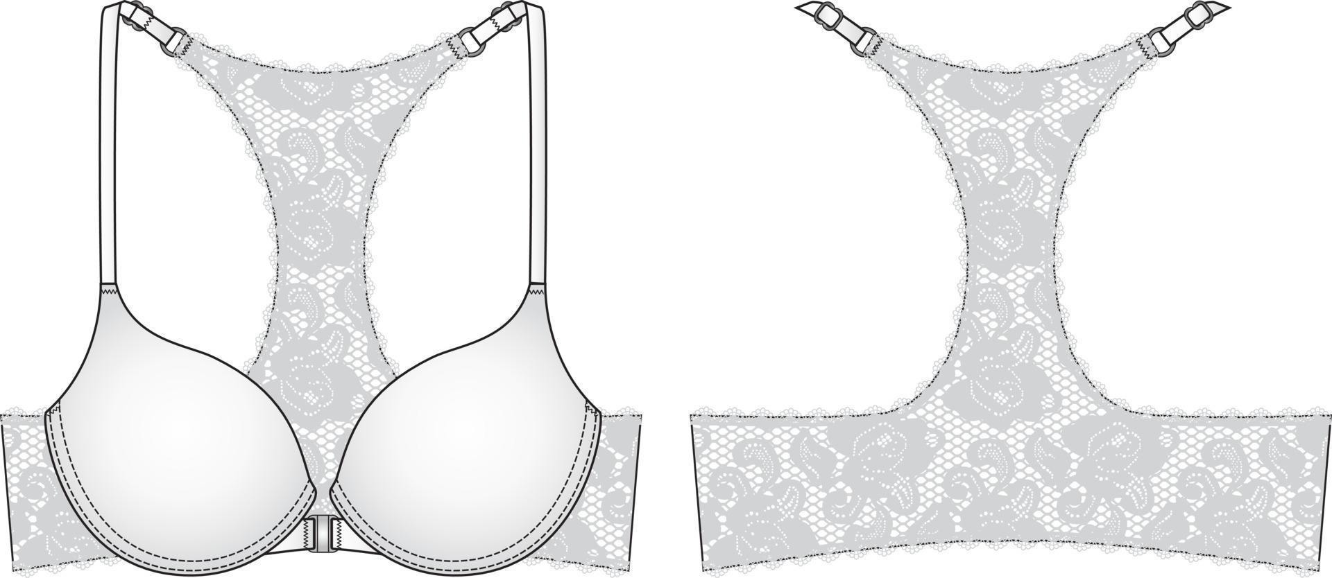 Ilustración técnica de sujetador con espalda de encaje. dibujo plano de lencería editable vector