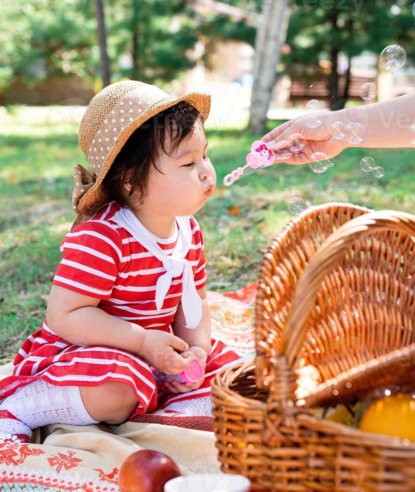 Cute little baby in a red dress and srtaw hat on a picnic in the park photo