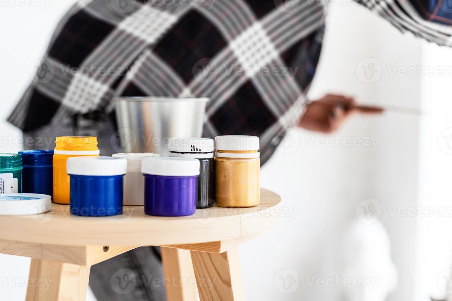 Close up of colorful paints in art studio photo