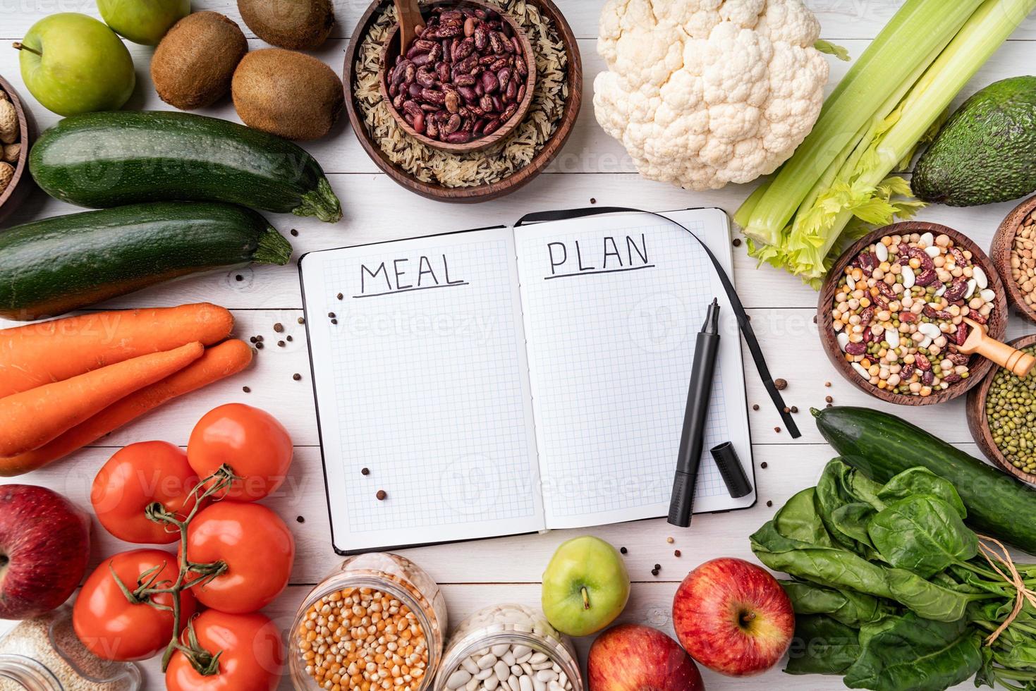 Bloc de notas con plan de comidas de palabras con comida sana, vista superior plana foto