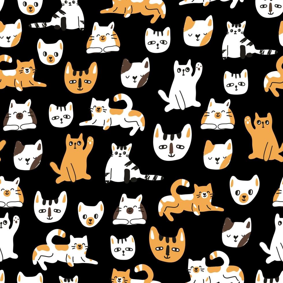 lindo y divertido patrón sin fisuras de gatos o gatitos sobre fondo negro vector