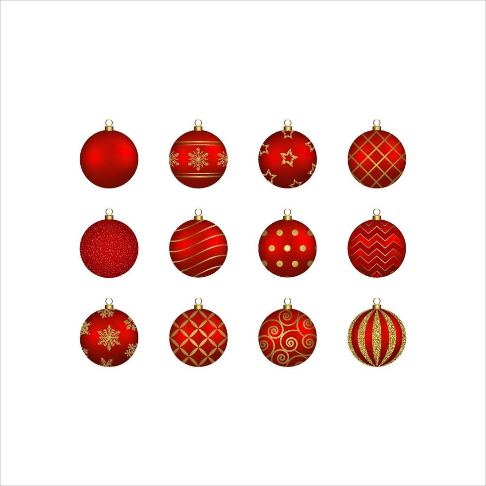 Conjunto de bolas de Navidad rojas aisladas con adornos de oro vector