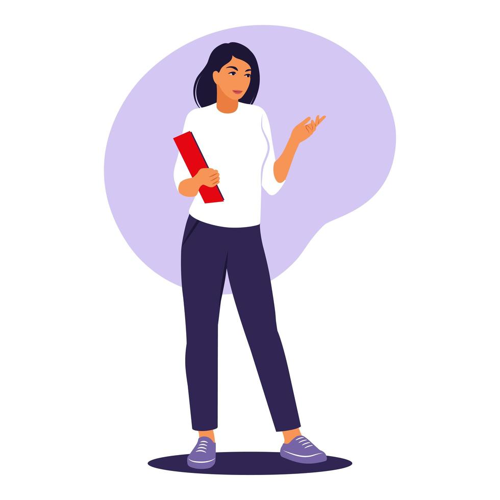 mujer de pie con carpeta. trabajador de oficina, concepto de trabajo remoto. vector