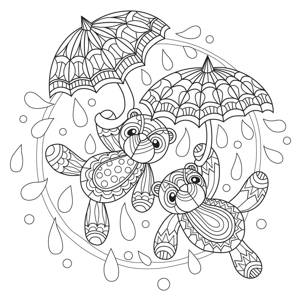 Teddy bears in the rain hand drawn for adult coloring book vector