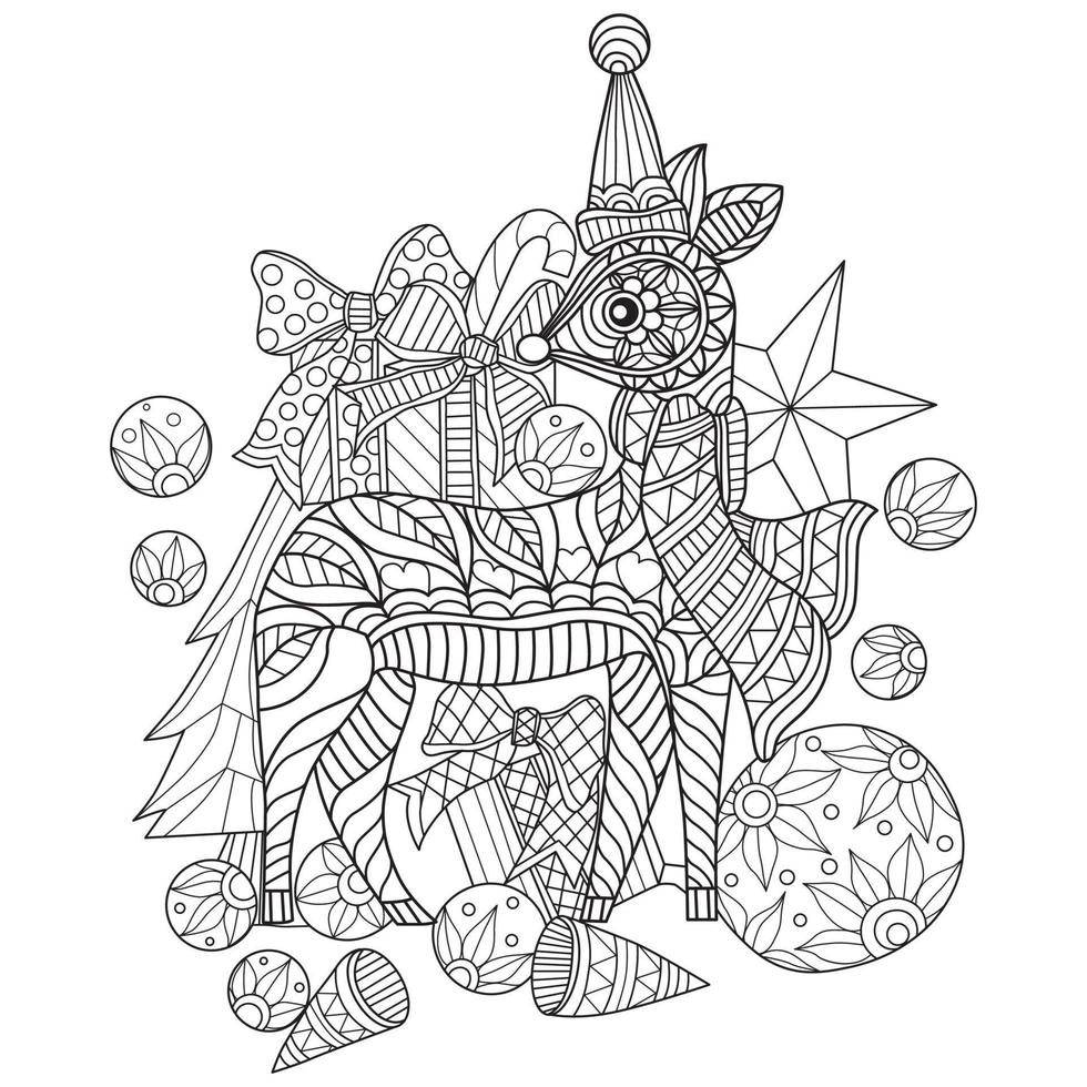 Deer and gifts hand drawn for adult coloring book vector