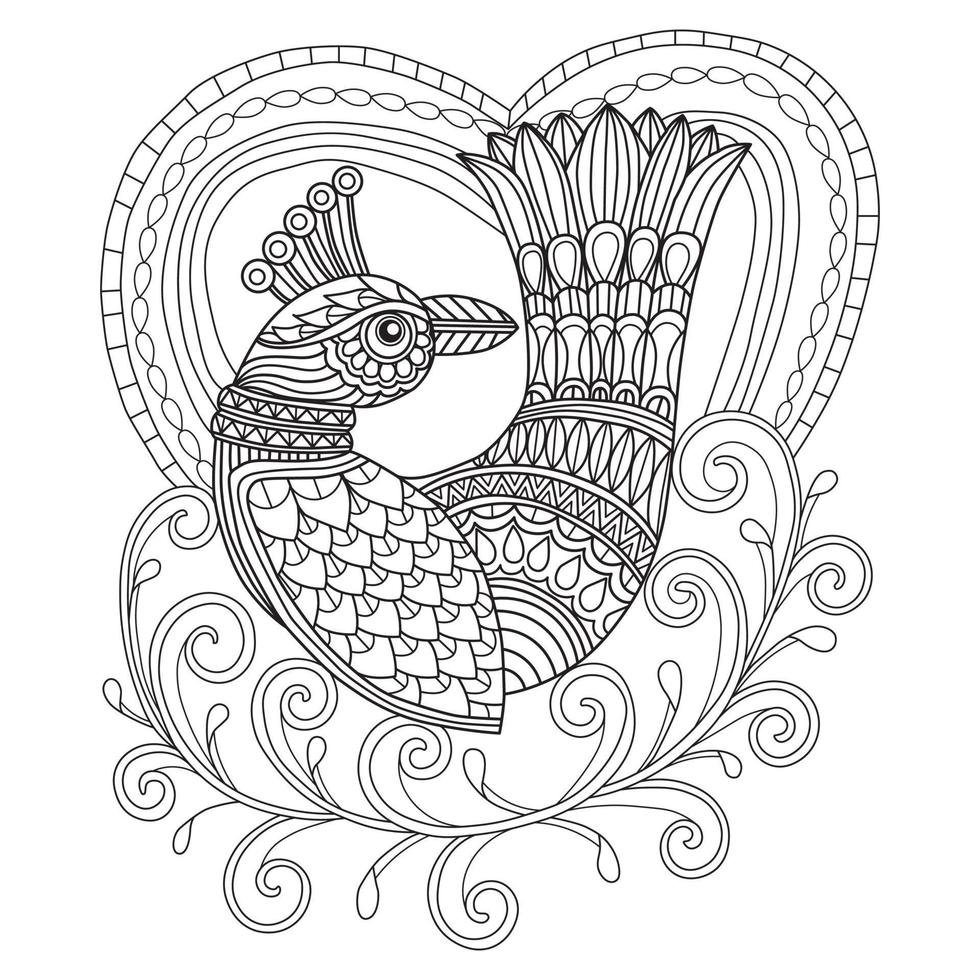 pájaro y corazón dibujado a mano para libro de colorear para adultos vector