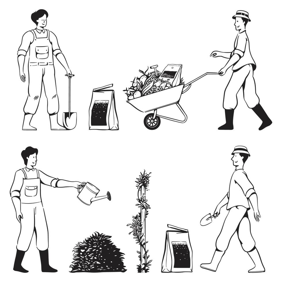 People doodles gardening activities vector