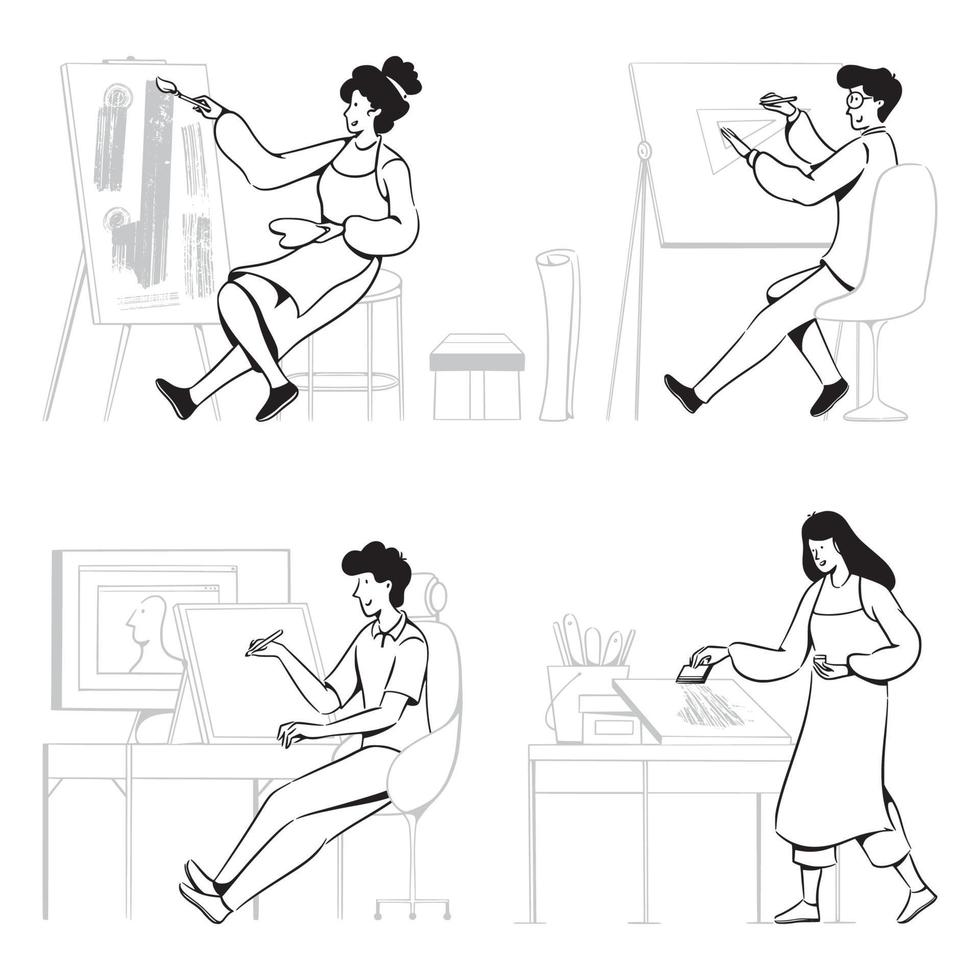 People doodles artists at work collection vector