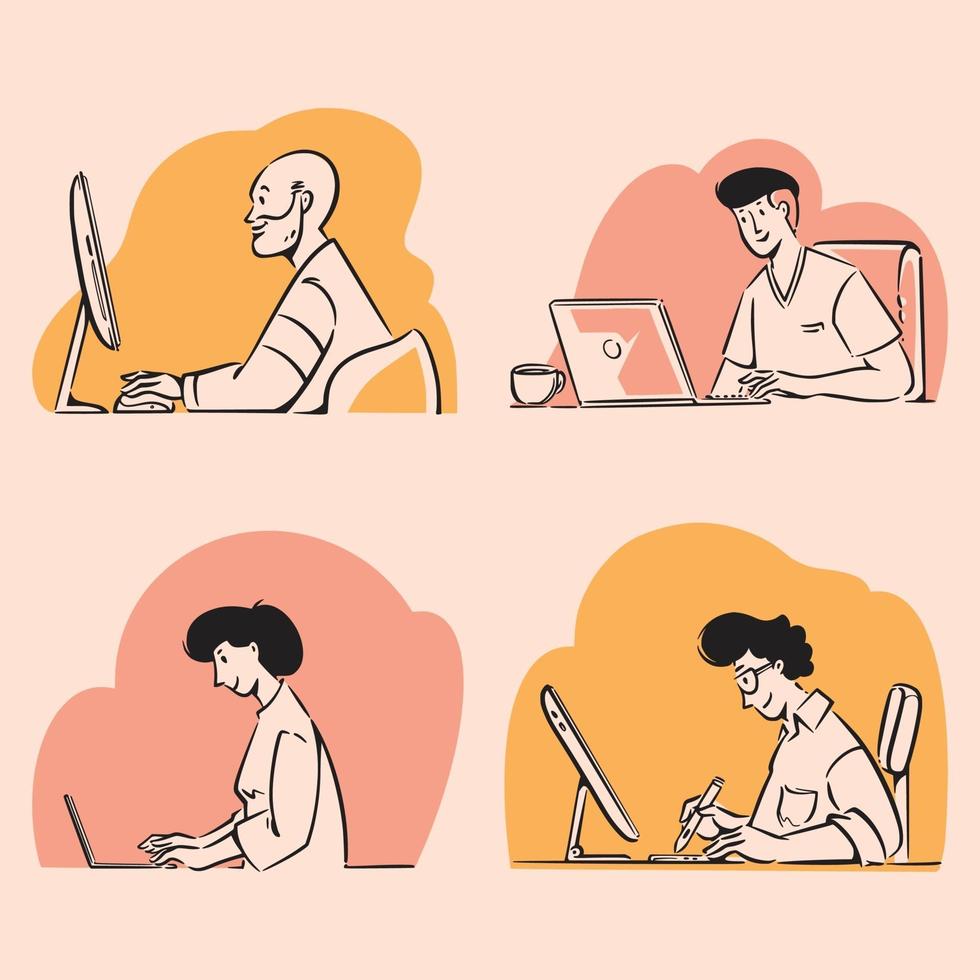 Freelancers working on laptops and computers doodles illustration vector