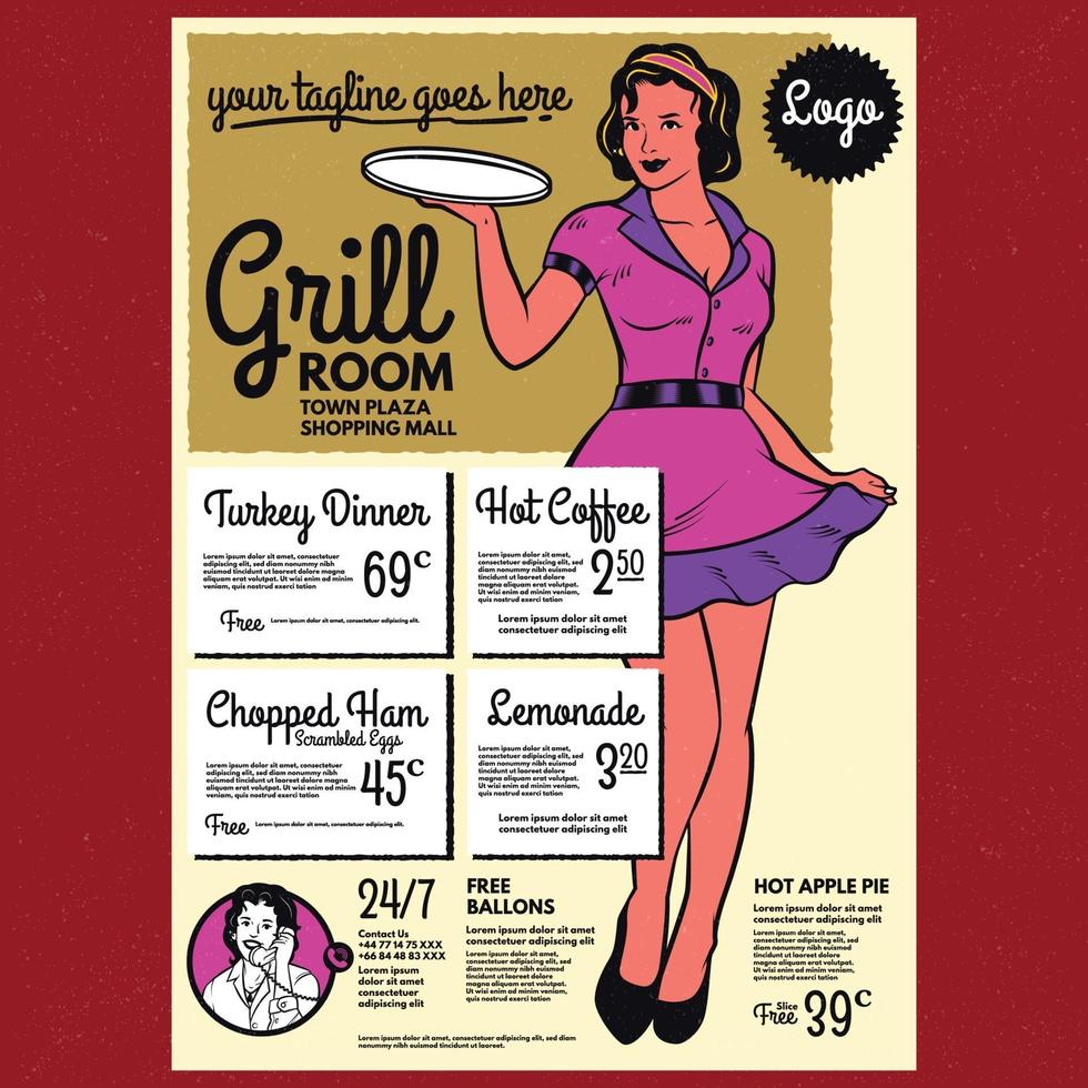 Retro waitress with a tray diner poster menu template vector