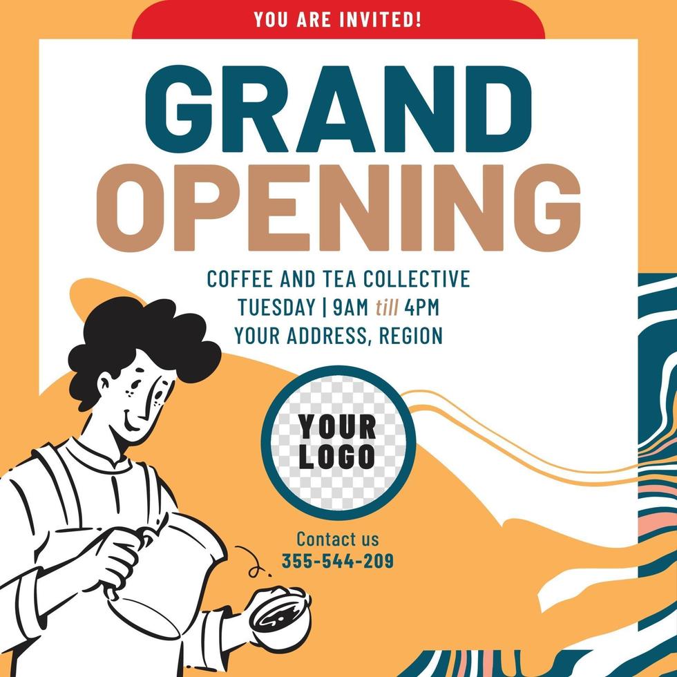 Grand opening cafe banner design. Barista People doodles vector