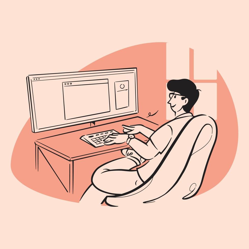 People doodle of businessman sitting in front of his computer vector