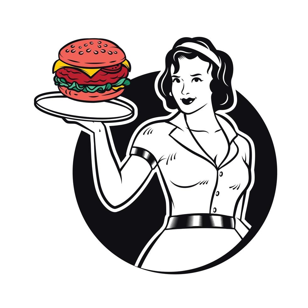 camarera retro que sirve ilustración de imágenes prediseñadas de hamburguesa vector