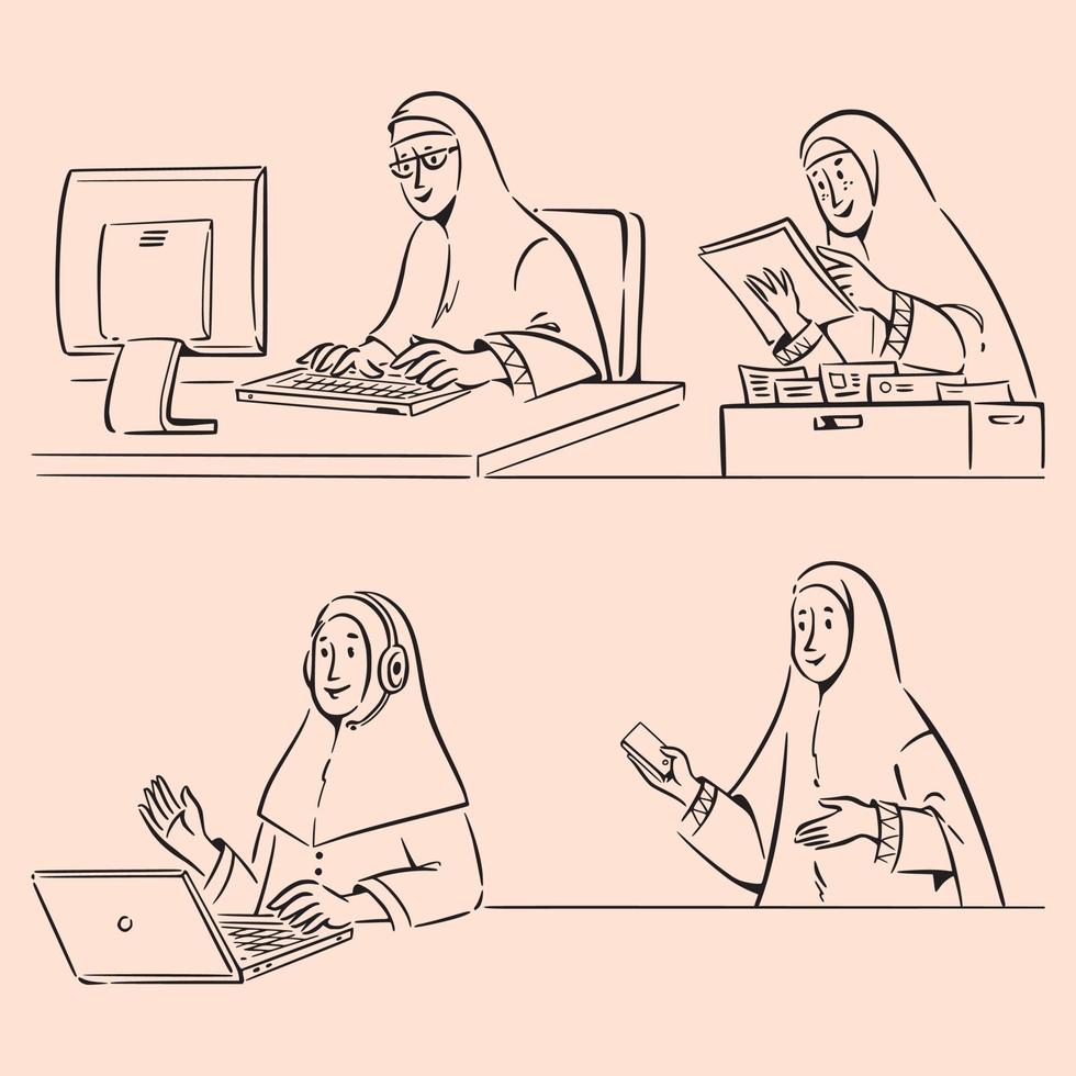 Moslem women with hijab working doodles vector