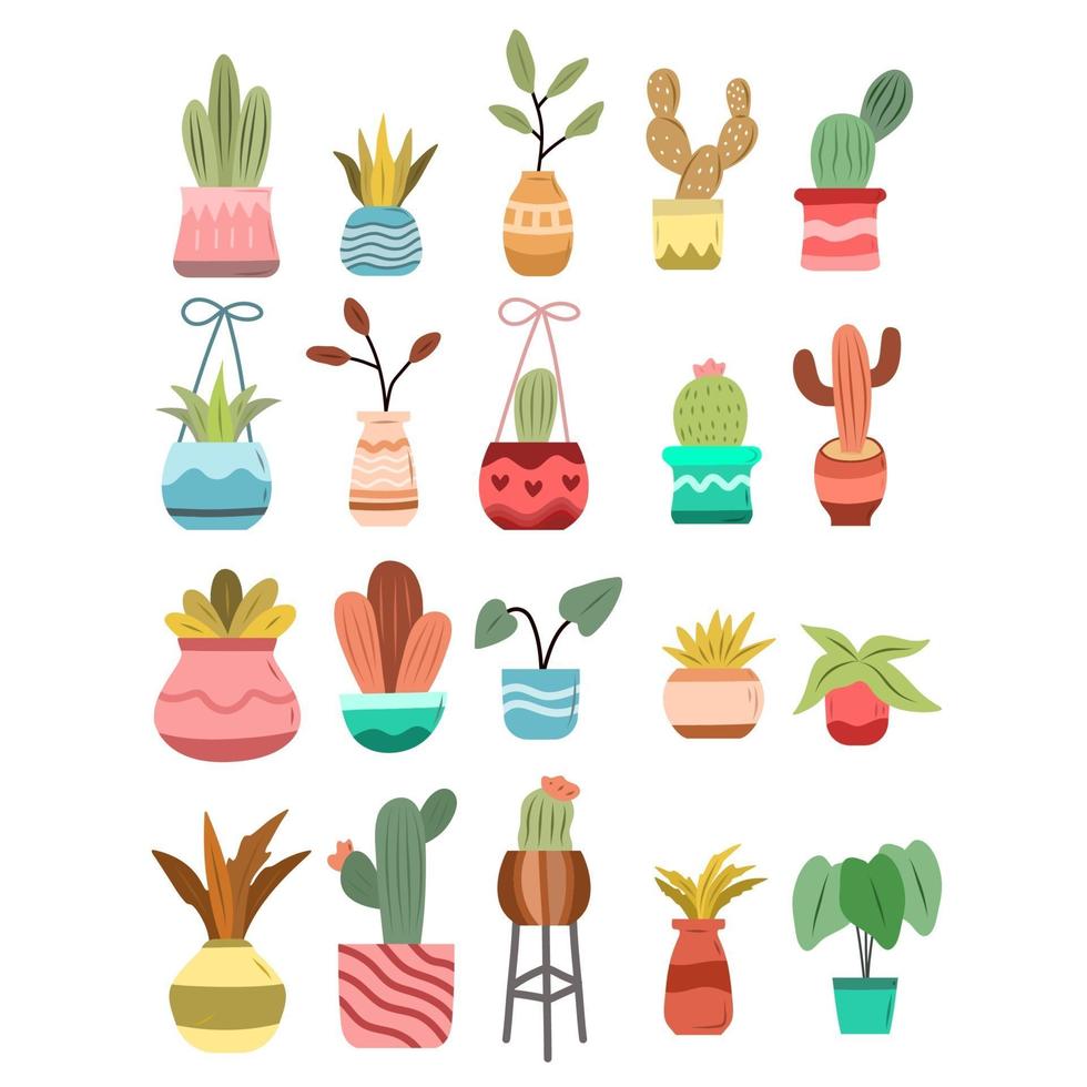 Conjunto de plantas exóticas de cactus en macetas de cerámica. vector