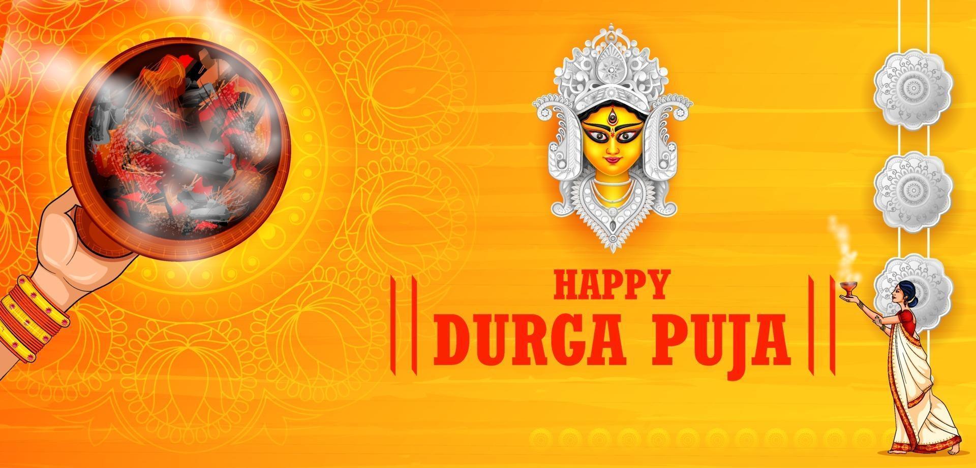 Goddess Durga Face in Happy Durga Puja Subh Navratri Indian religious vector