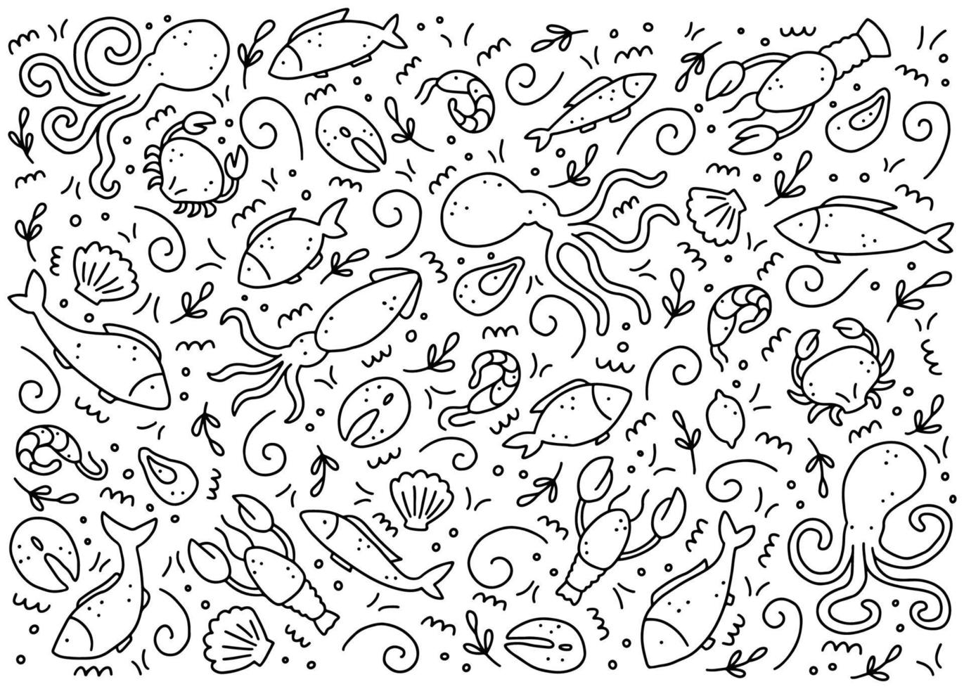 Hand drawn set of seafood elements. Doodle style vector illustration.