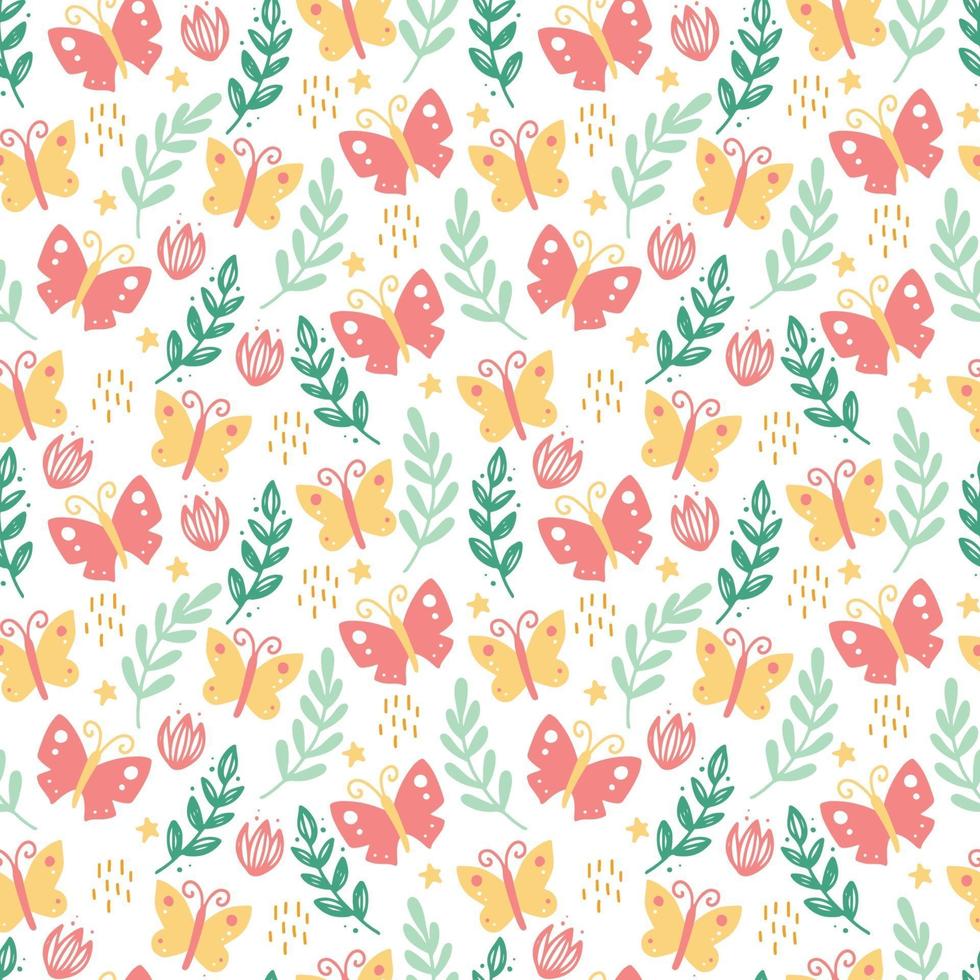 Cute seamless pattern with butterfly, leaves vector