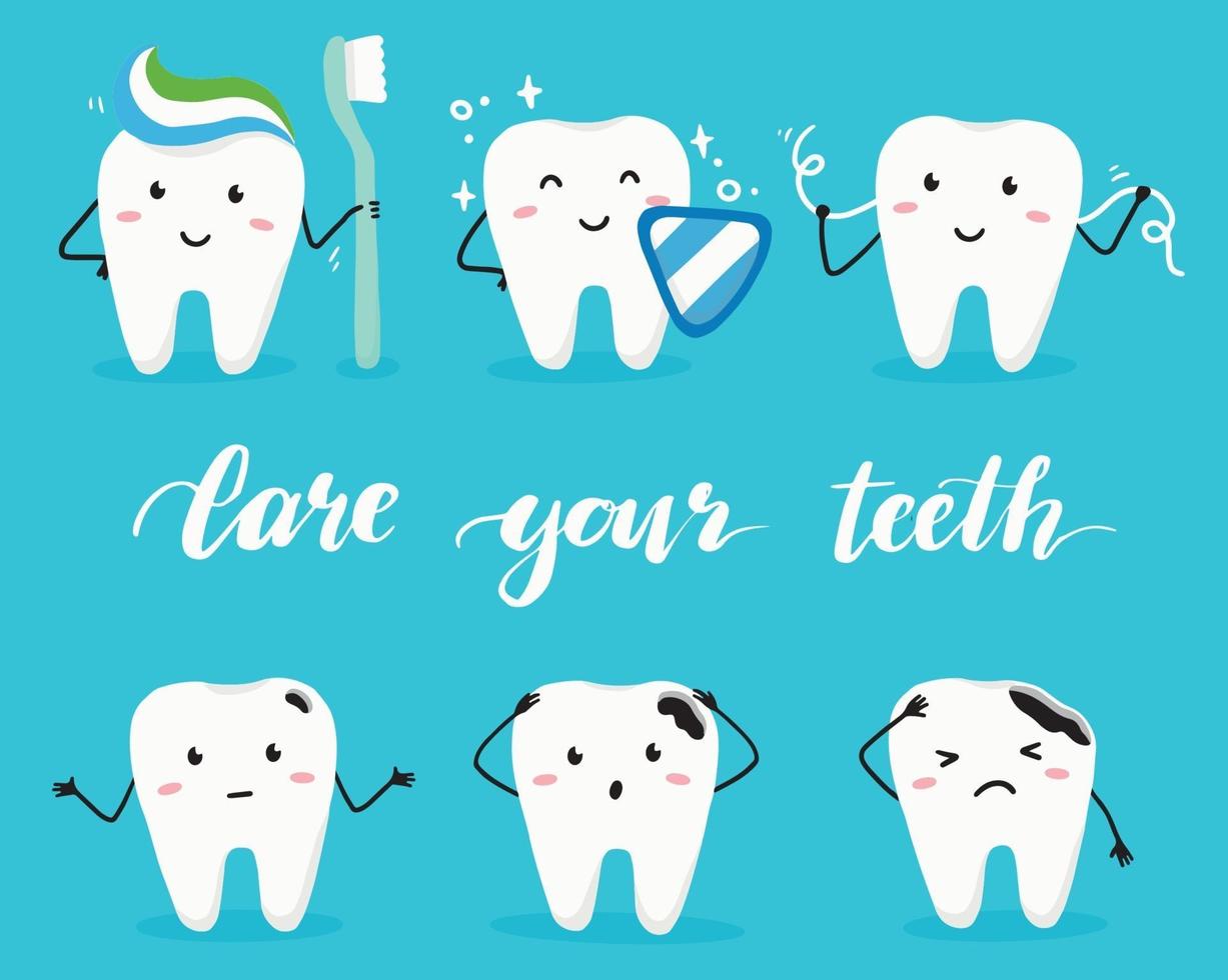 personaje de estilo de dibujos animados de diente. Ilustración del concepto dental vector