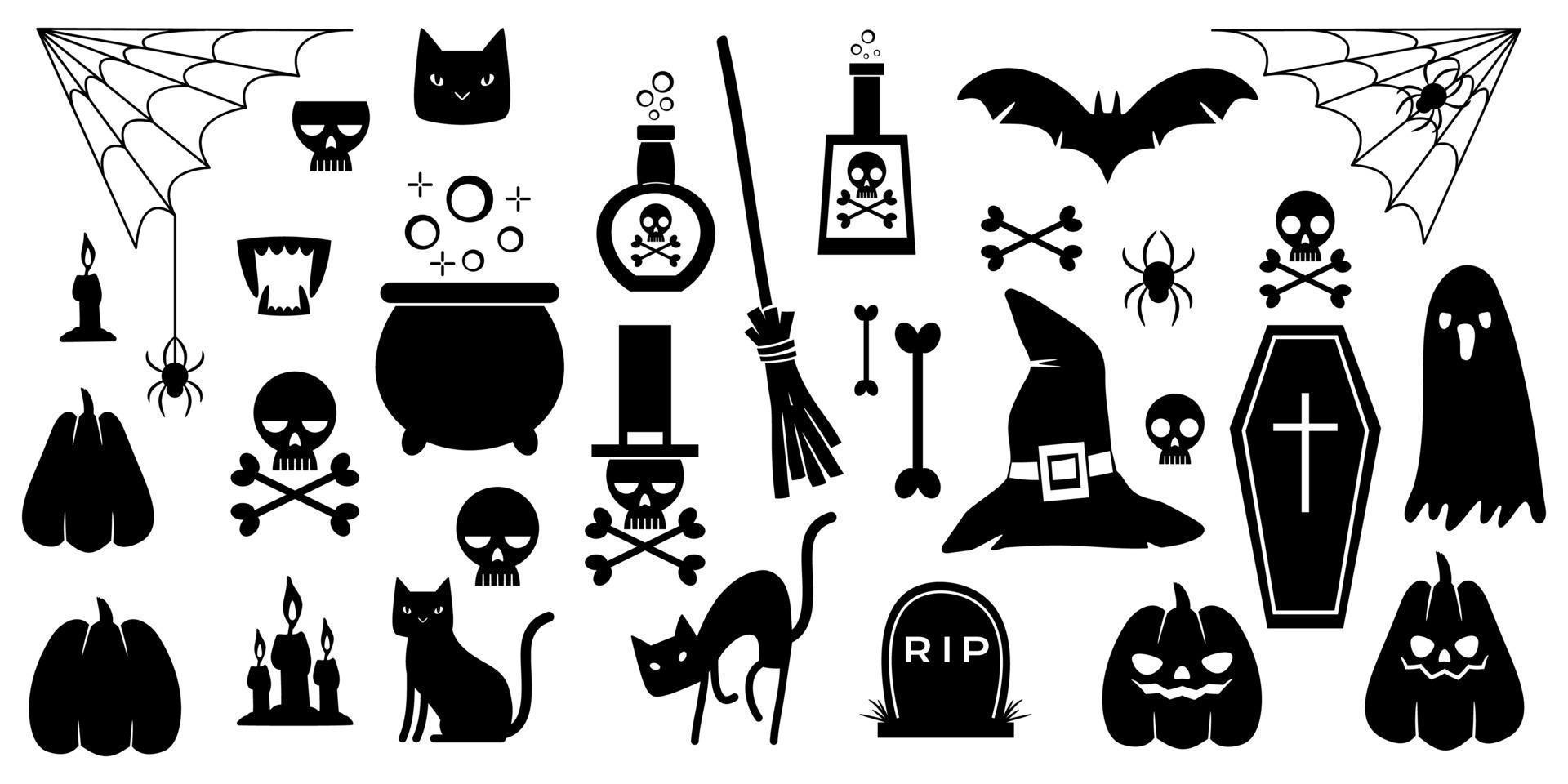 Set of silhouettes of halloween elements on a white background. vector
